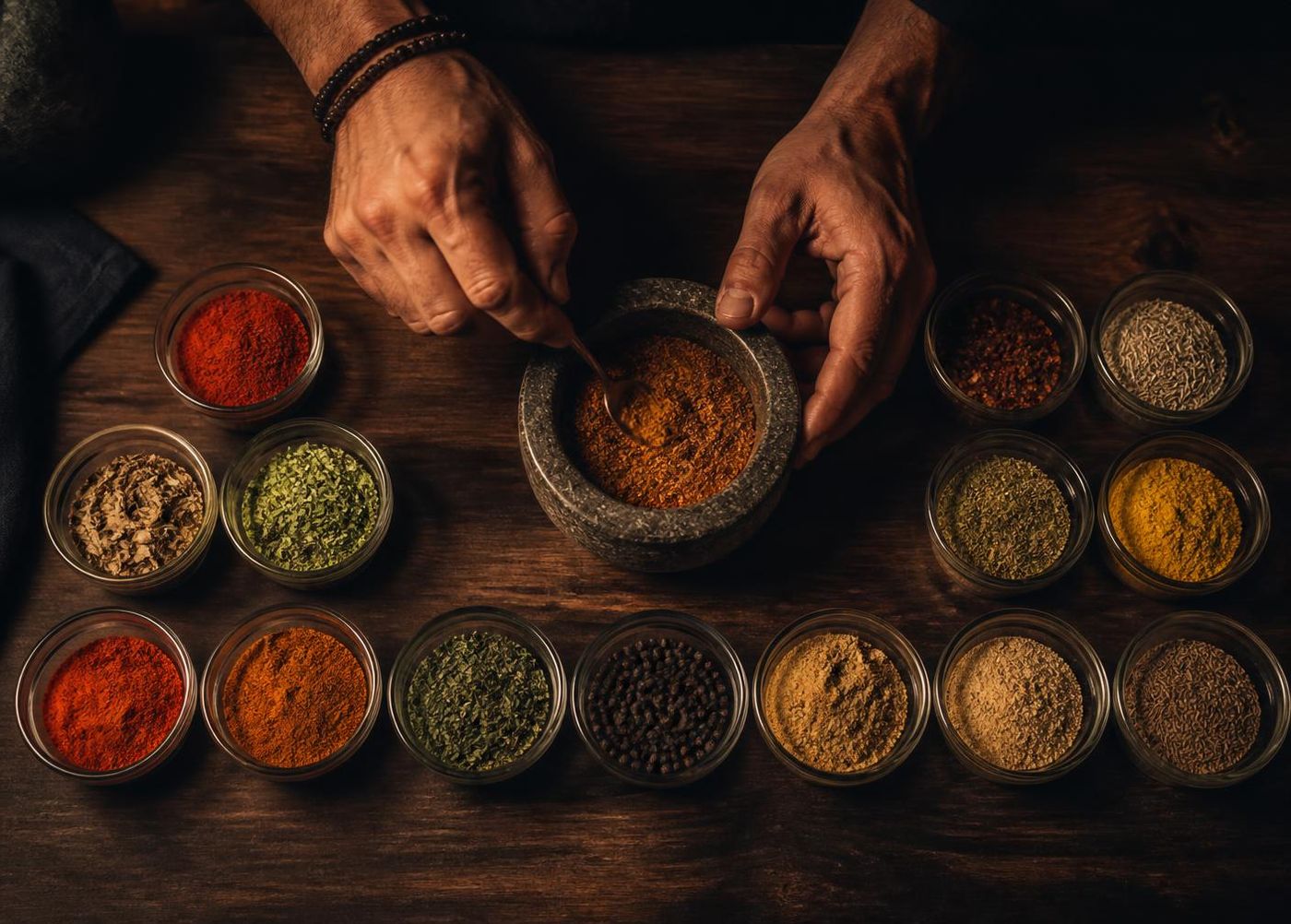 A creator blending spices from the Velora Fifteen at home