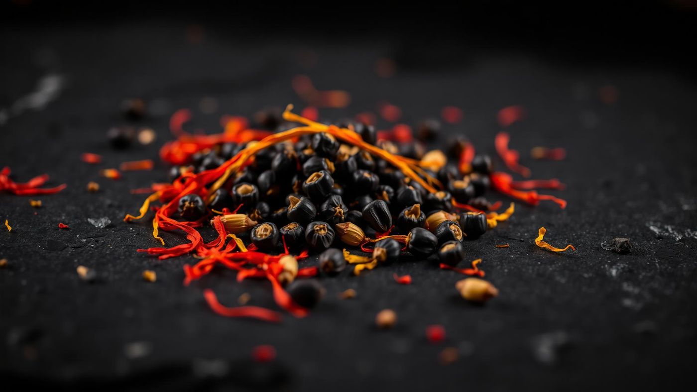 Peppercorns, saffron threads and cardamom pods on dark stone