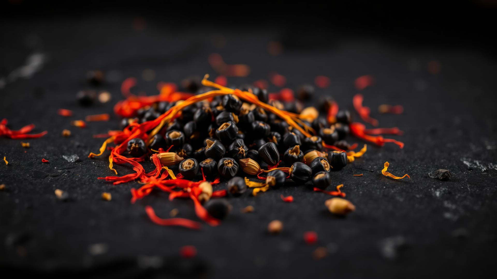 Peppercorns, saffron threads and cardamom pods on dark stone