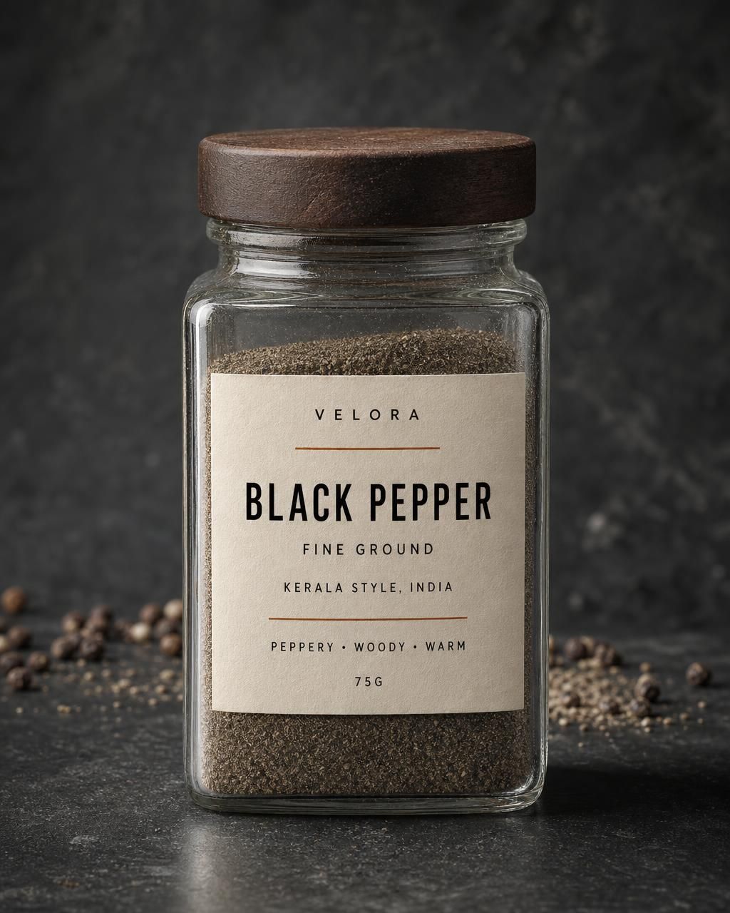Velora Black Pepper — Ground & Cracked, photographed in the studio