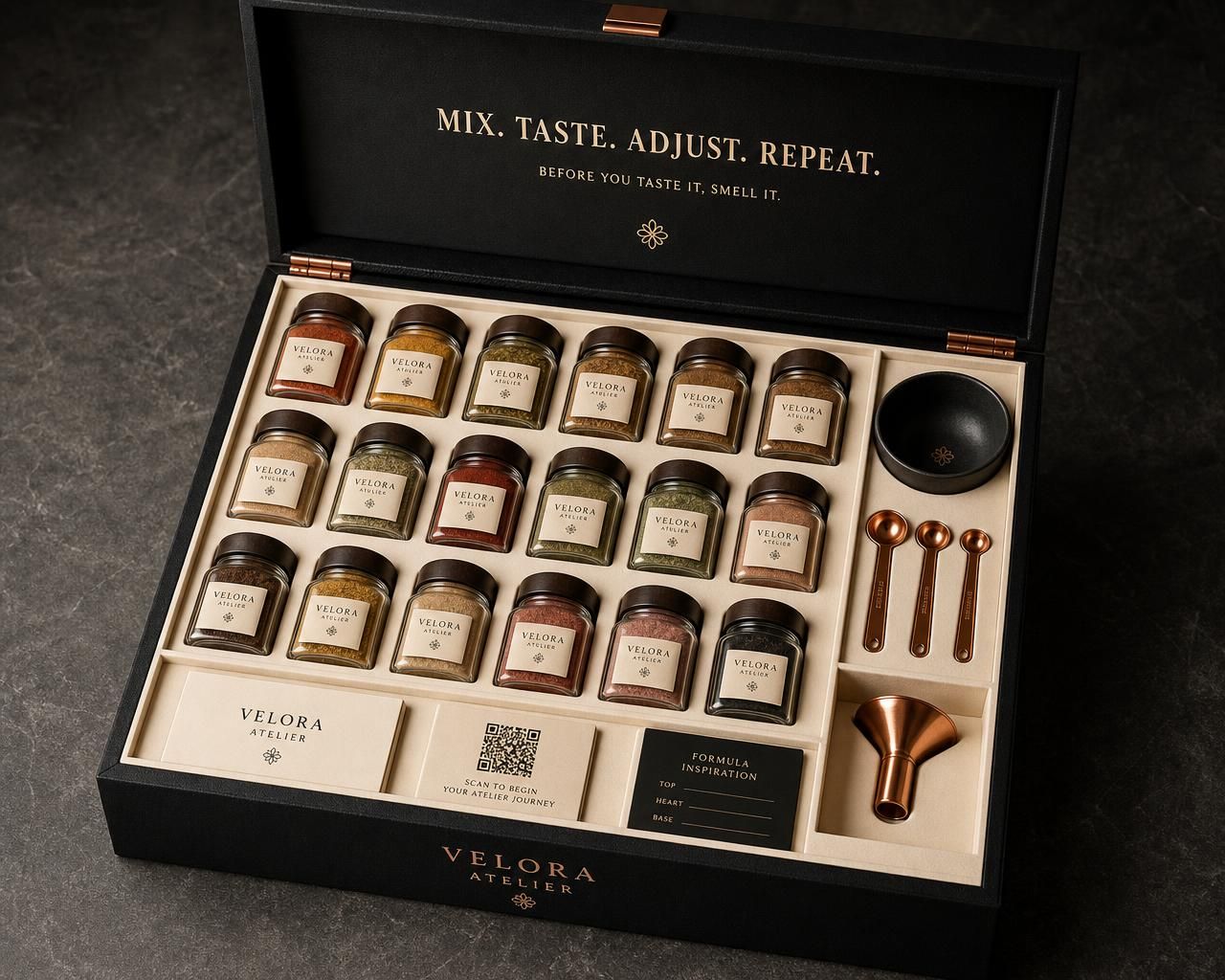 Open Velora Atelier case with fifteen miniature spice jars and blending tools
