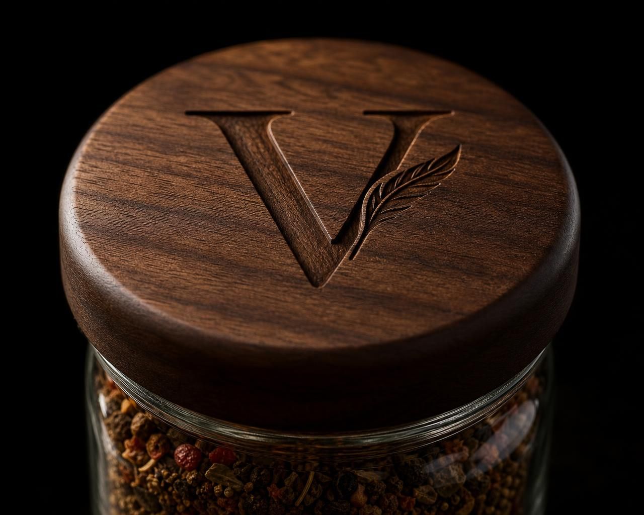 Walnut jar cap engraved with the Velora V mark